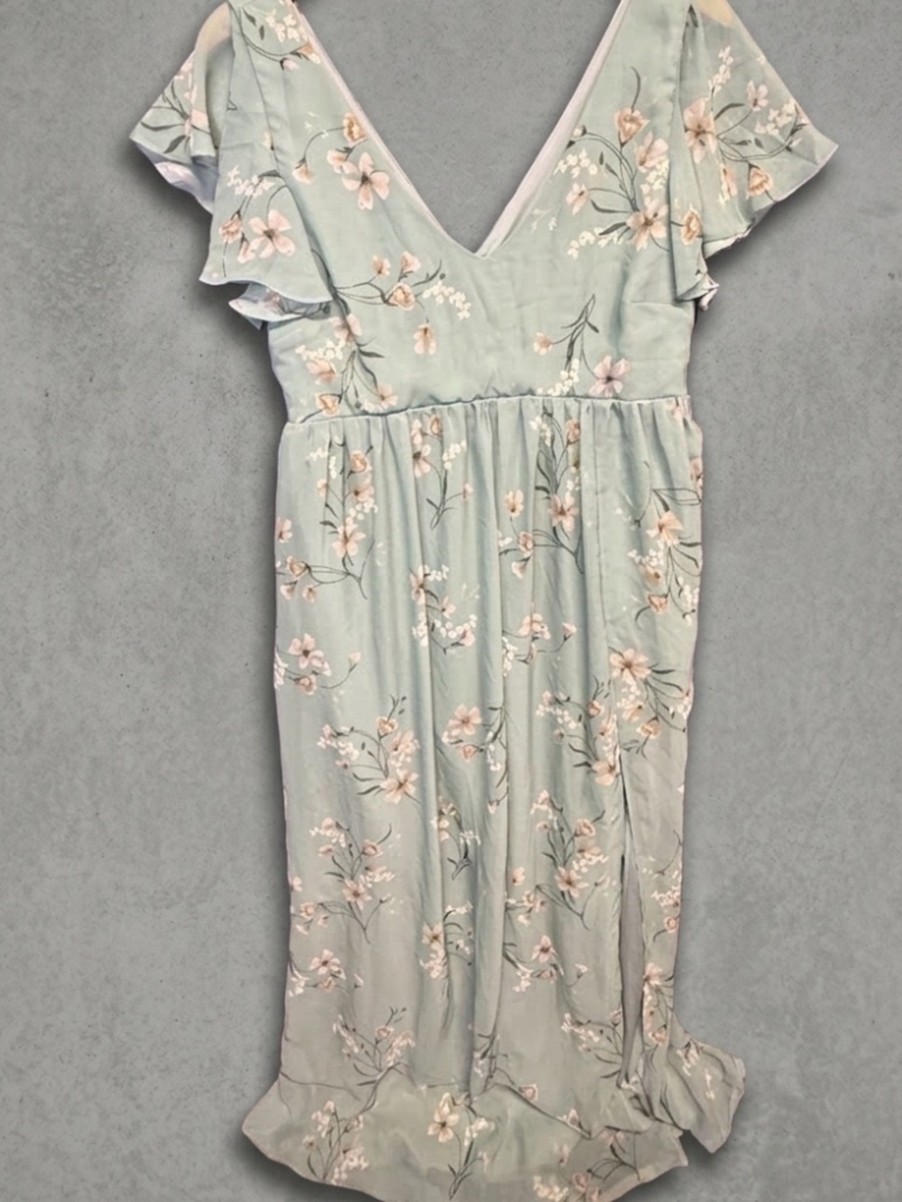 Birdy Grey Laurie Sage Green Floral Chiffon Maxi Dress XL Flutter Sleeve